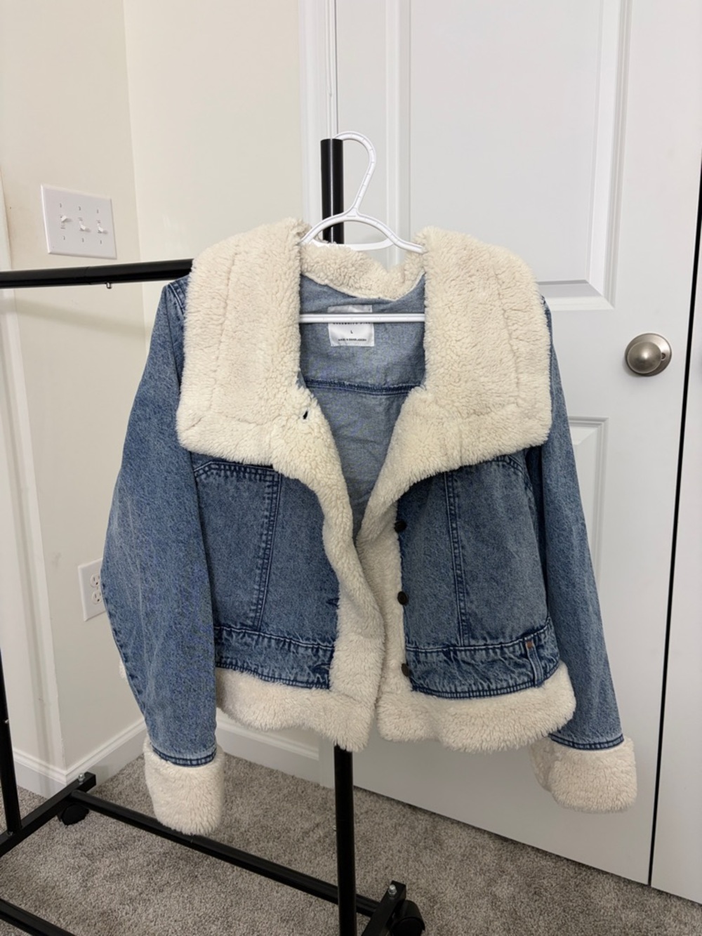 Denim Sherpa-Lined Jacket in Blue and Cream